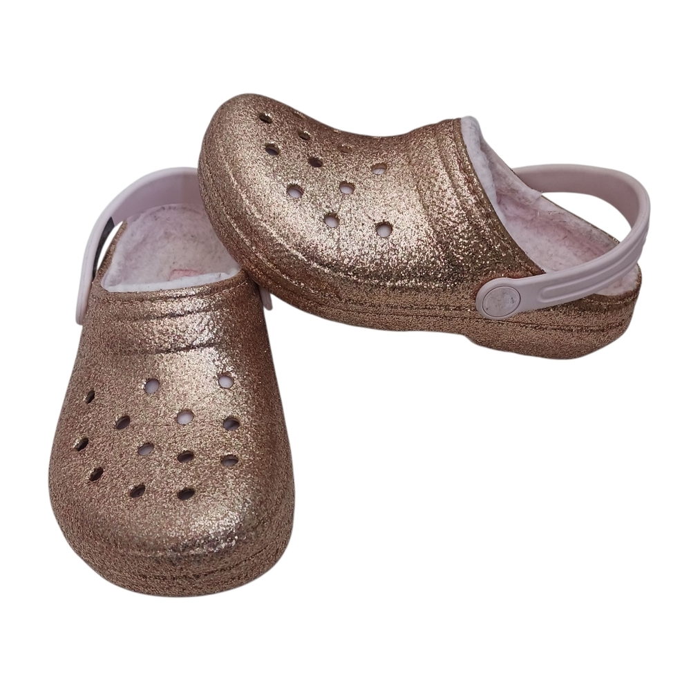 CROCS Rose Gold and Pink Kids Glitter Fur Lined Slipper Shoes Size 13